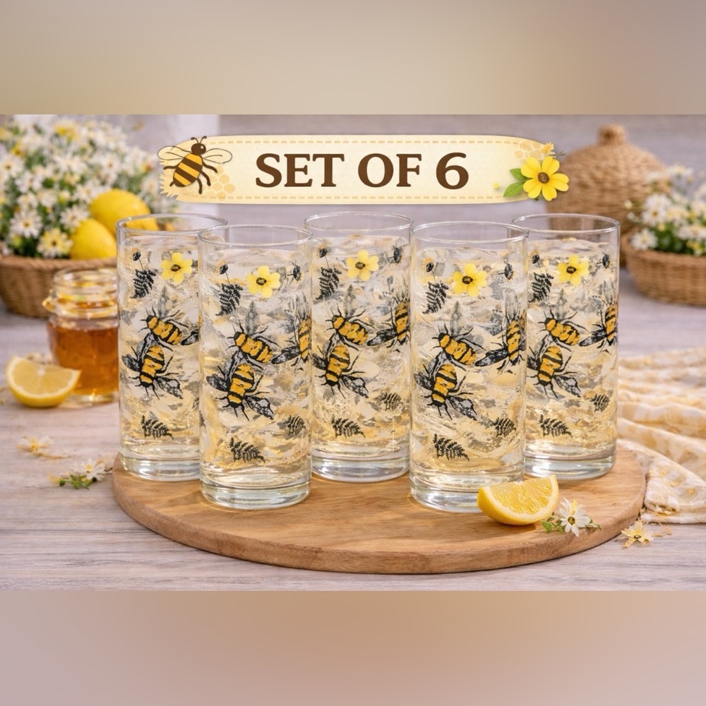🐝 Set of 6 Royal Norfolk Bee Glasses 16oz | Yellow Floral Cooler Glass Cups